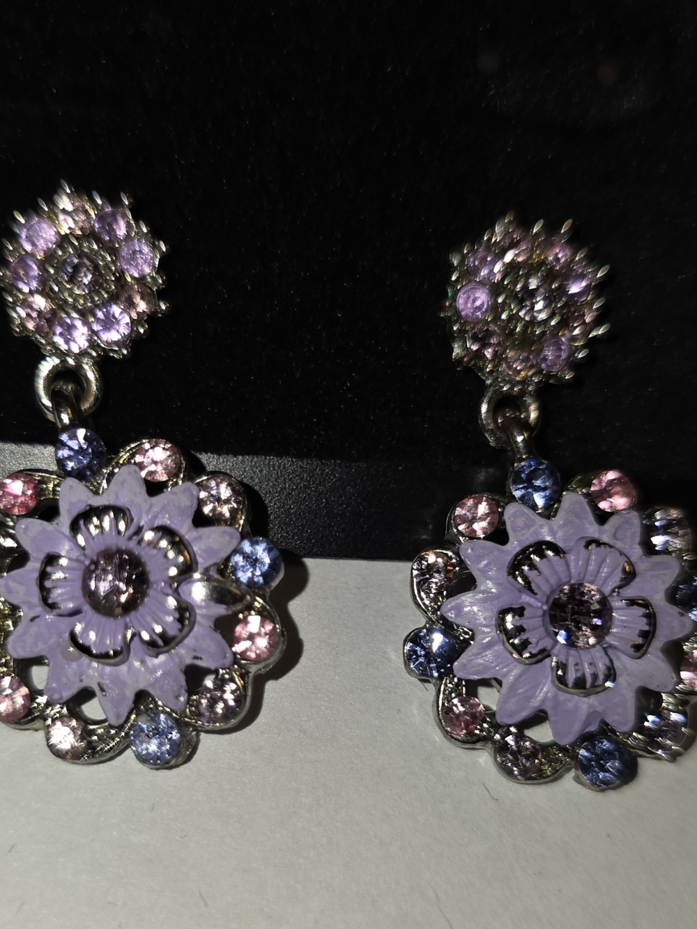 Lavender Flower Drop Earrings with Pink & Blue Crystals.Lavender Crystal Flower